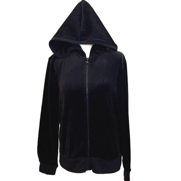 Champion Velour Hooded Athletic Zip Front Top Hoodie Womens size Small Black - Picture 1 of 6